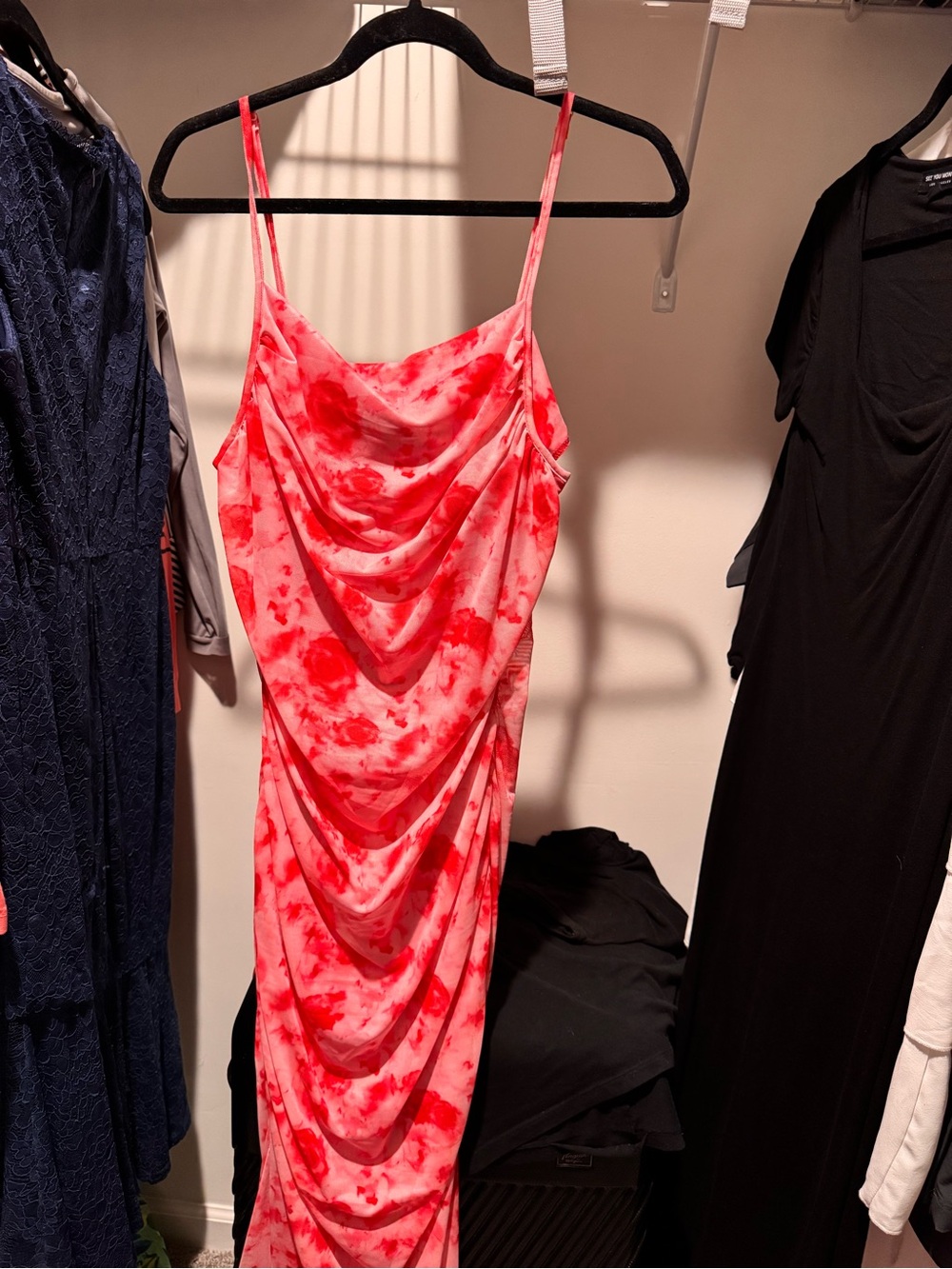 Tie-Dye Cowl Neck Spaghetti Strap Maxi Dress in Pink and Red